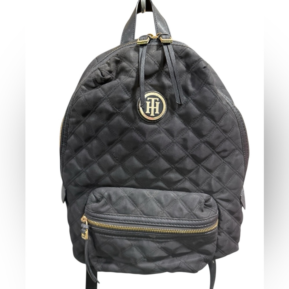 Tommy Hilfiger Quilted Backpack Black Gold Logo | Nylon Travel Purse Backpack